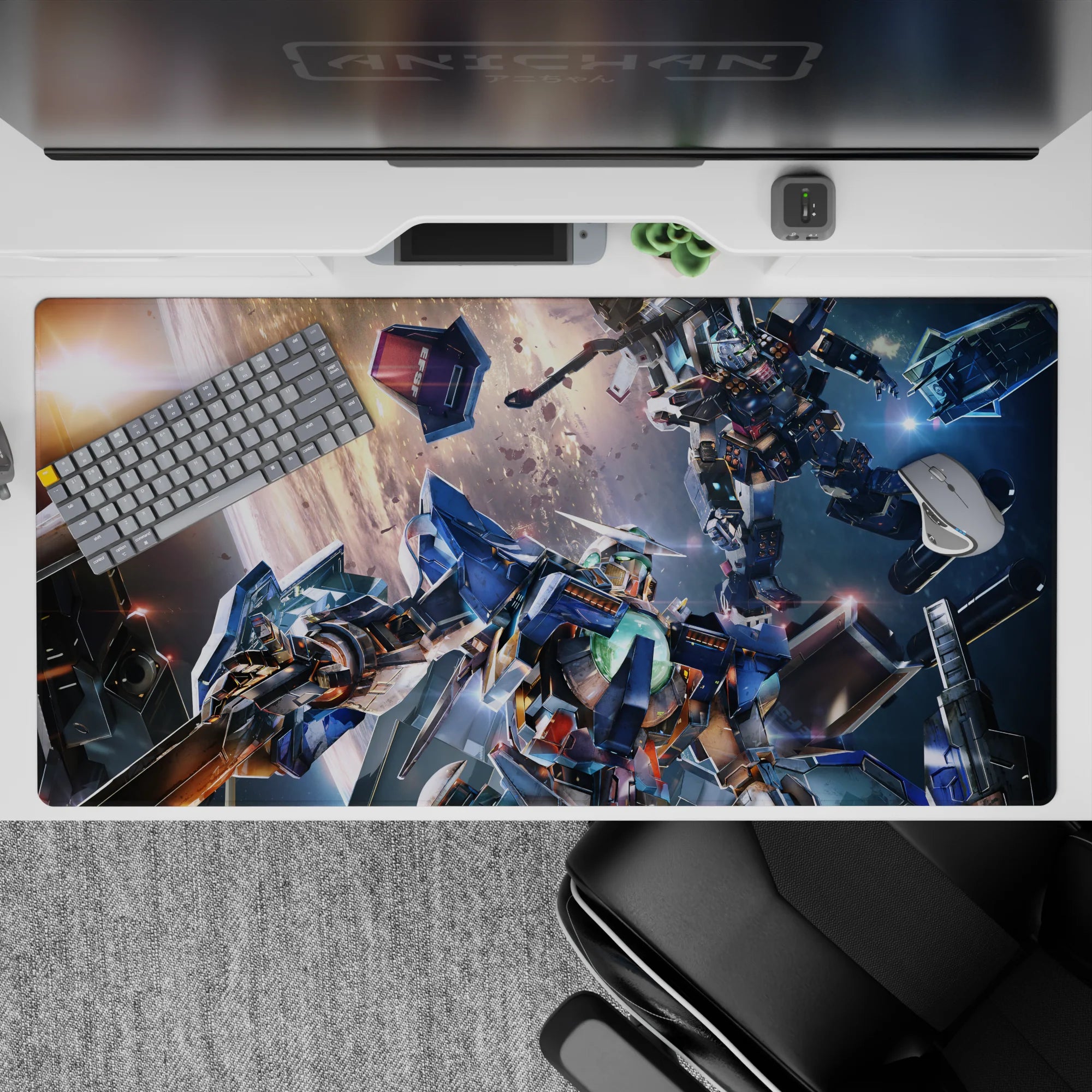 40x20 inches anime desk pad in steel blue and gunmetal tones with hot orange glow, chaotic space drama.