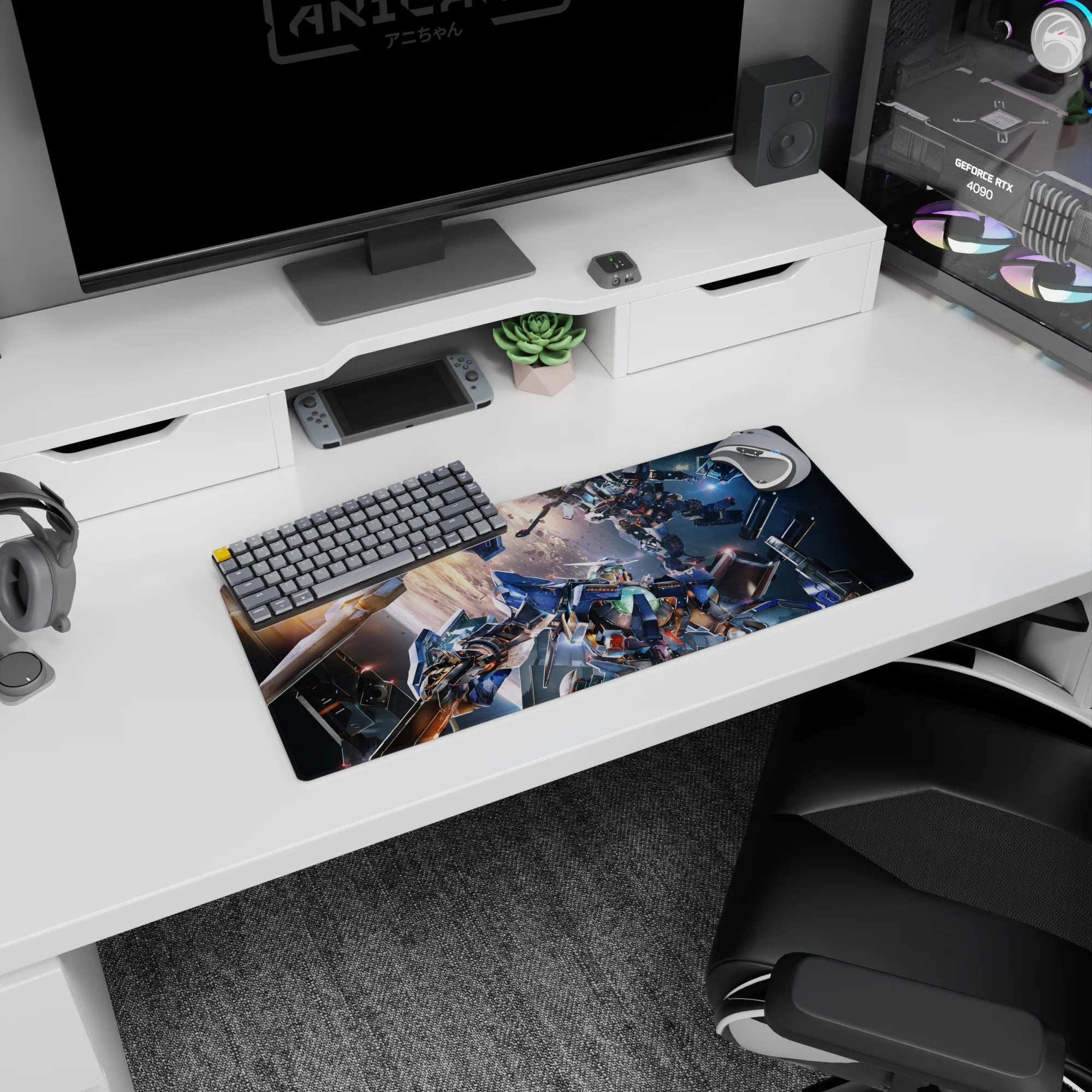 28x12 inches anime mouse pad showing two mobile suits colliding amid sparks, shattered panels, and space dust.