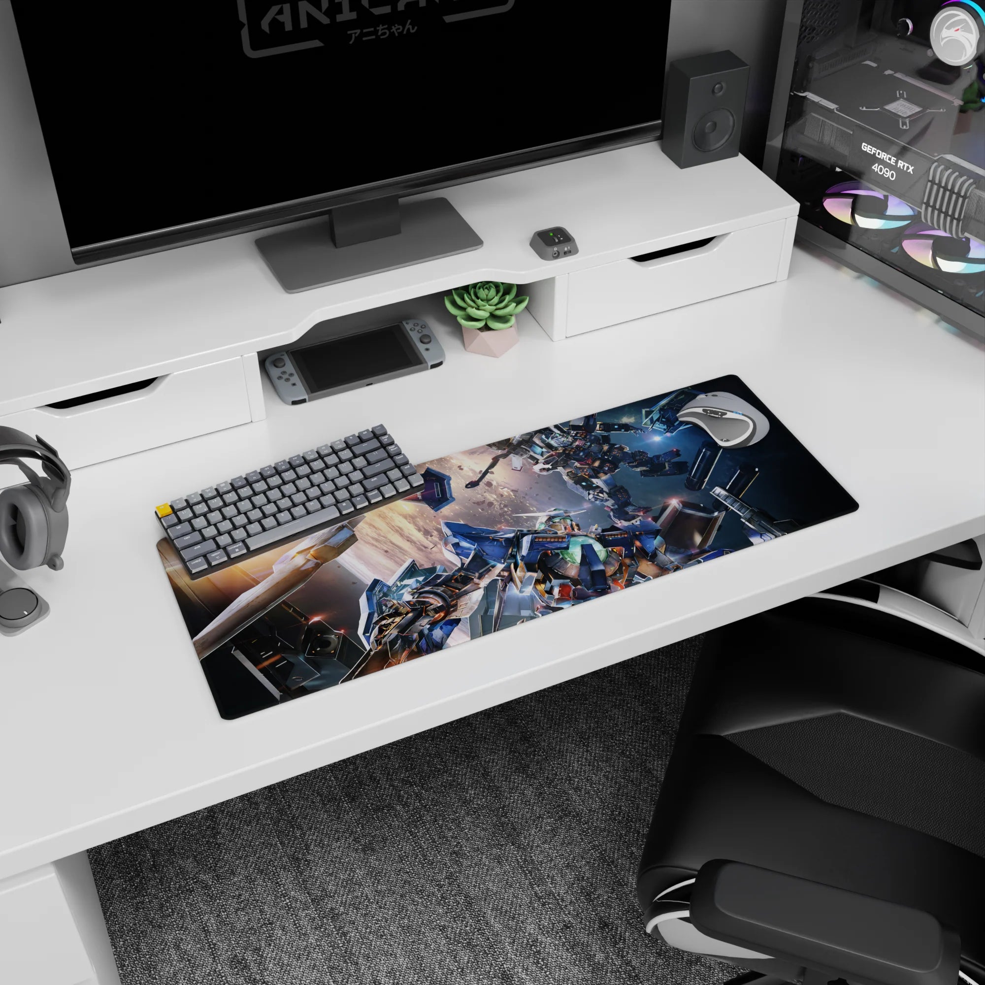 Two mobile suits colliding in a spark storm anime mouse pad 32x12 inches with floating space debris.