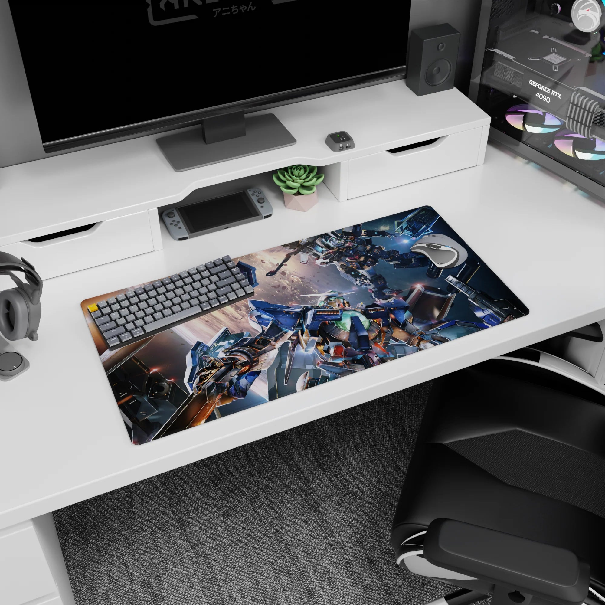 Anime mouse pad 32x16 inches showing two mobile suits colliding in space, panels shattered, sparks flying.