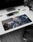 Anime mouse pad 32x16 inches showing two mobile suits colliding in space, panels shattered, sparks flying.