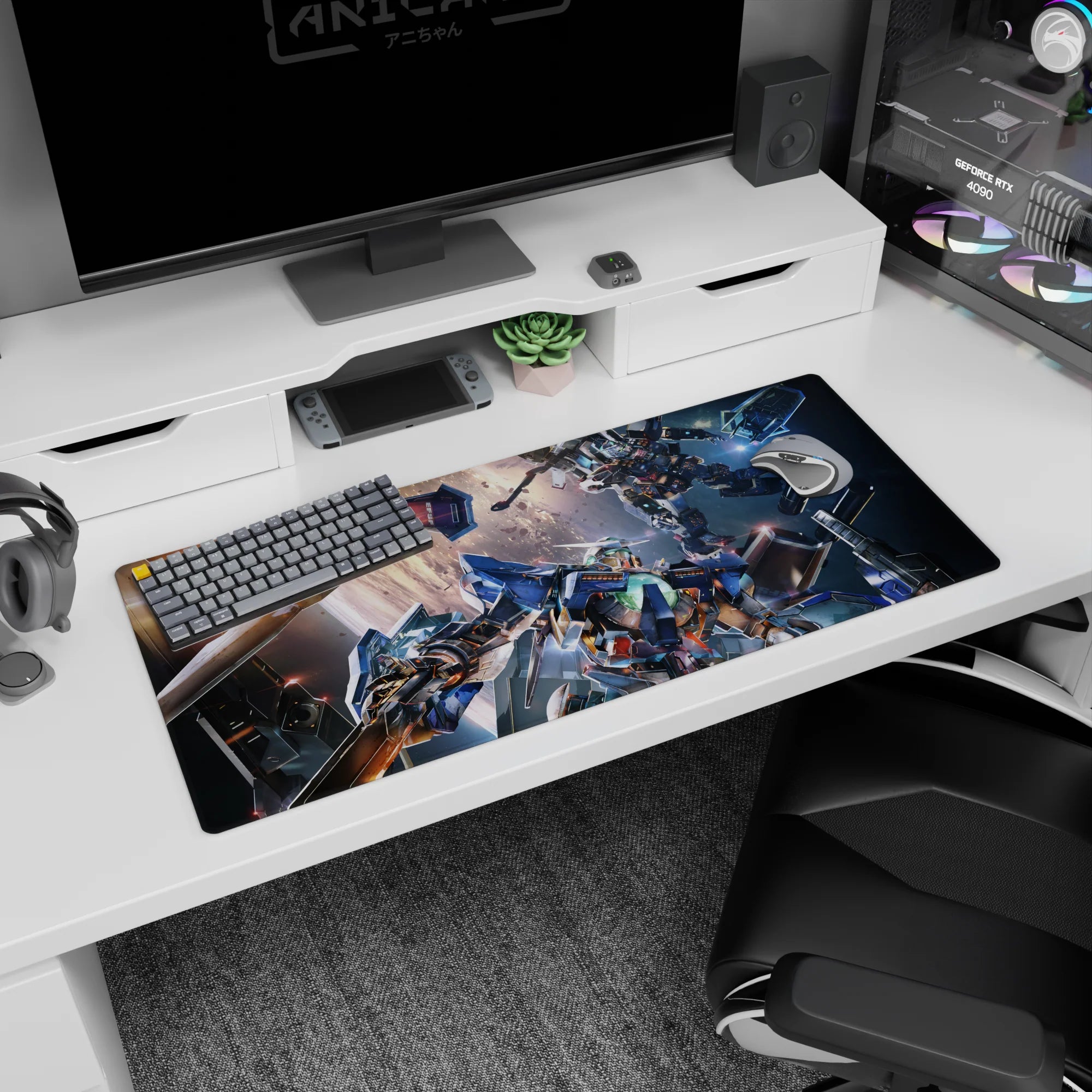 Two mobile suits colliding in space on an anime desk pad 36x16 inches, sparks and dust everywhere.