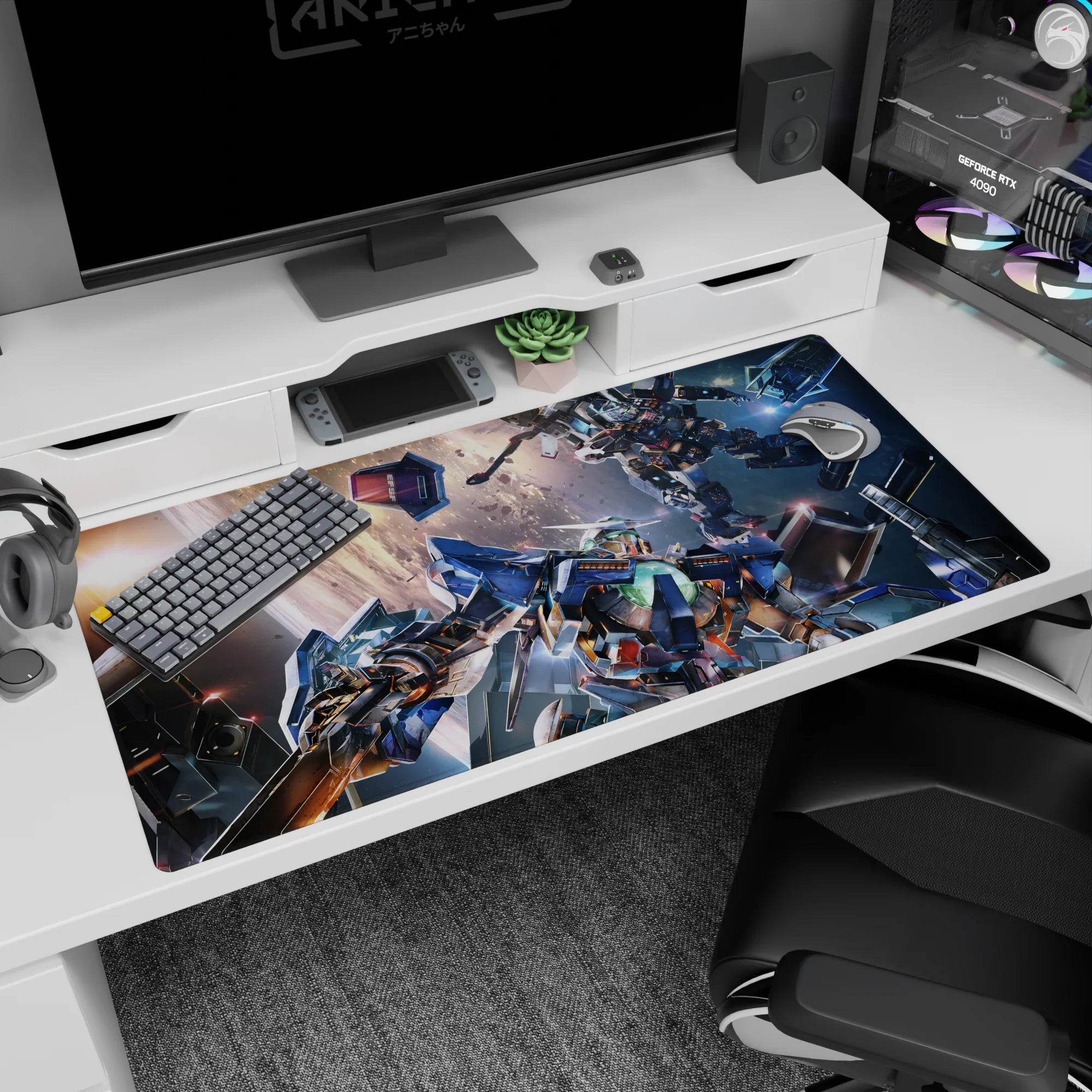 40x20 inches anime desk pad showing two mobile suits colliding in space, panels shattered and sparks flying.