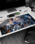 40x20 inches anime desk pad showing two mobile suits colliding in space, panels shattered and sparks flying.