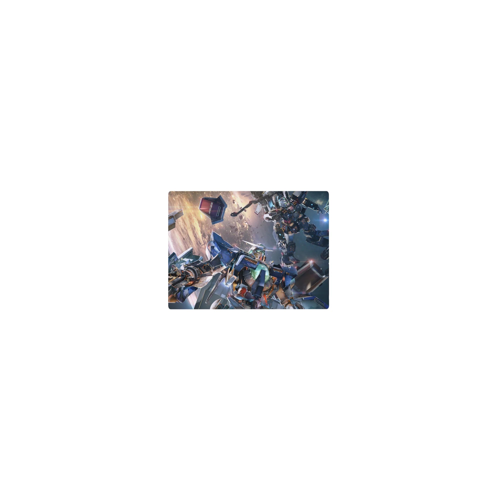 Classic Gundam-style mecha battle anime mouse pad, 14x10 inches, with sparks, debris, and laser fire.