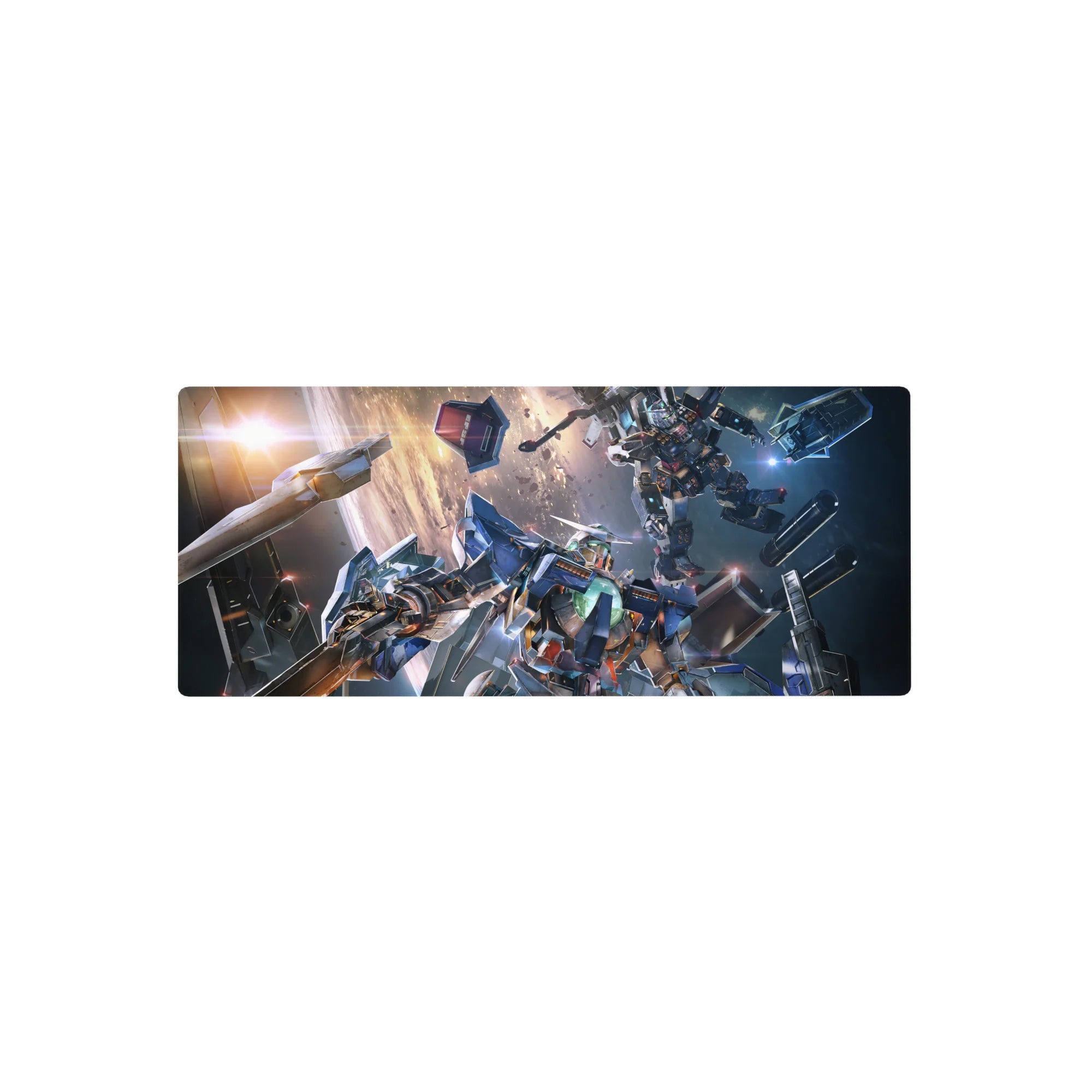 28x12 inches anime mouse pad with Gundam-style mecha clash, sparks, debris, and laser streaks in space.