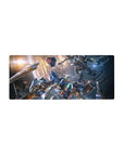 28x12 inches anime mouse pad with Gundam-style mecha clash, sparks, debris, and laser streaks in space.
