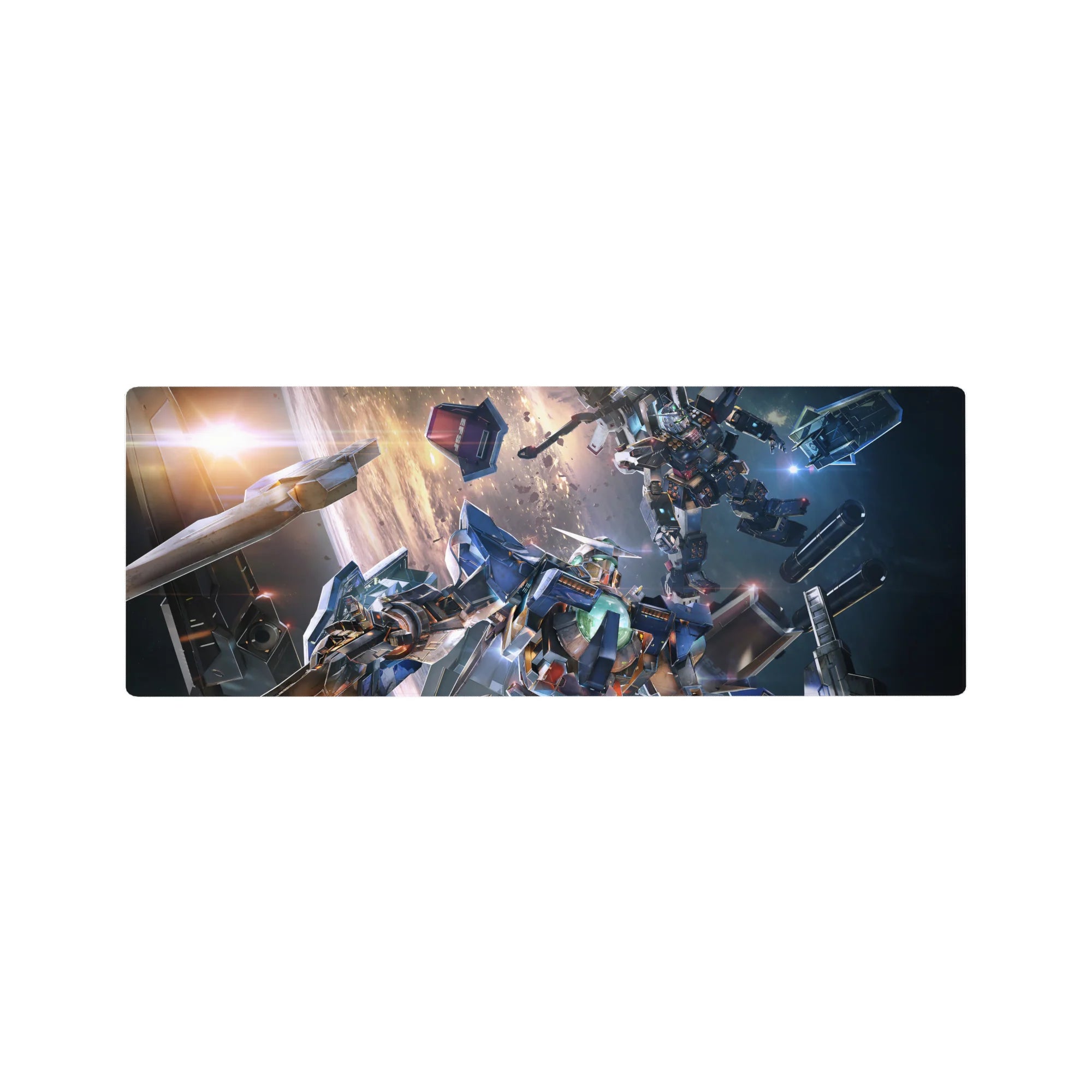 Gundam-inspired mecha battle anime mouse pad 32x12 inches with sparks, debris, and laser fire.