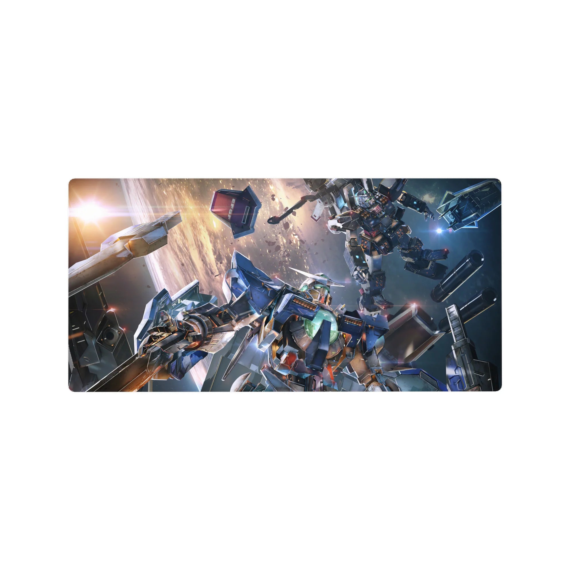 Gundam-style anime mouse pad 32x16 inches with battling mecha, sparks, lasers, and space debris.