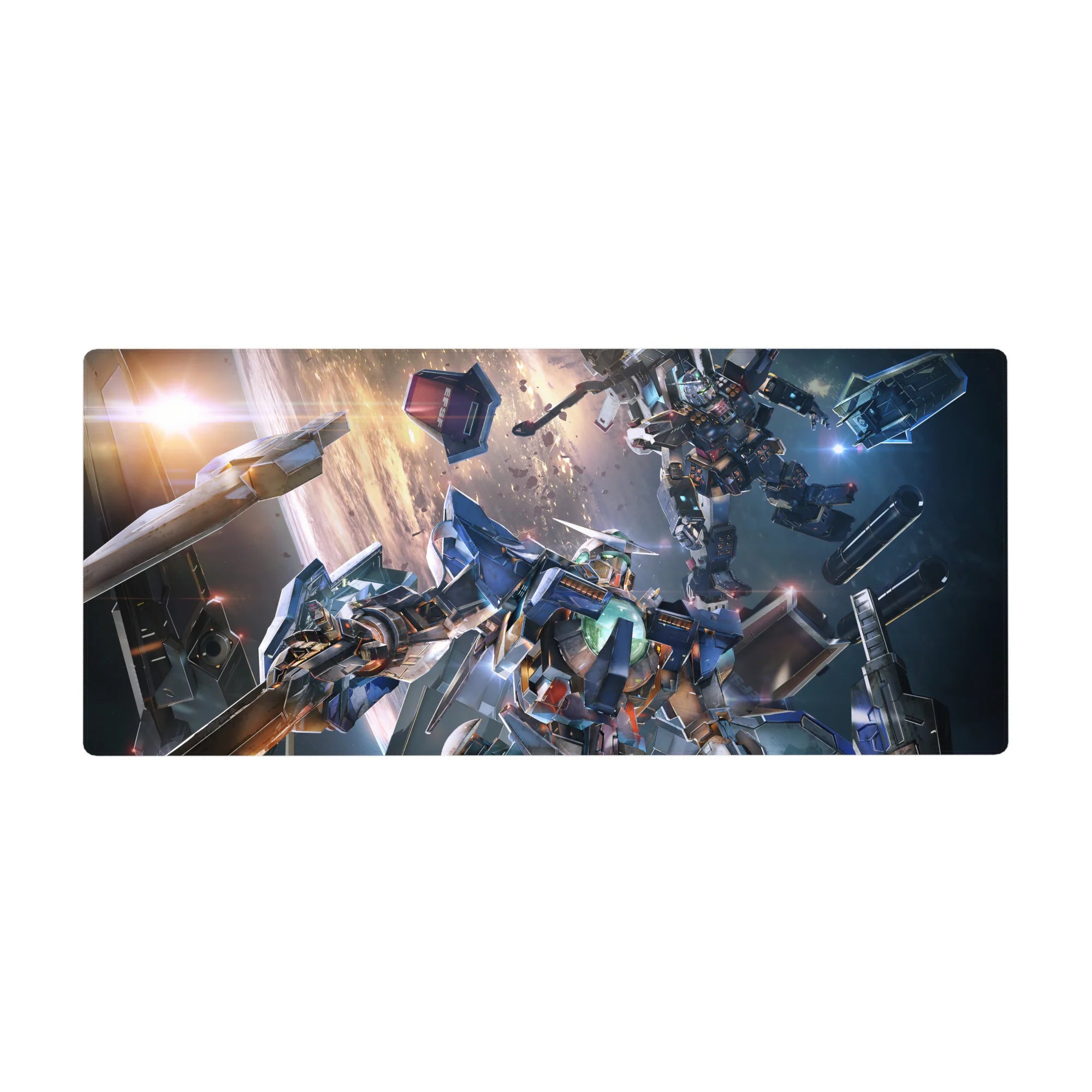 Anime Gundam-style mecha battle desk pad 36x16 inches with sparks, debris, and laser fire.