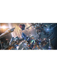 Anime Gundam-style mecha battle desk pad 36x16 inches with sparks, debris, and laser fire.