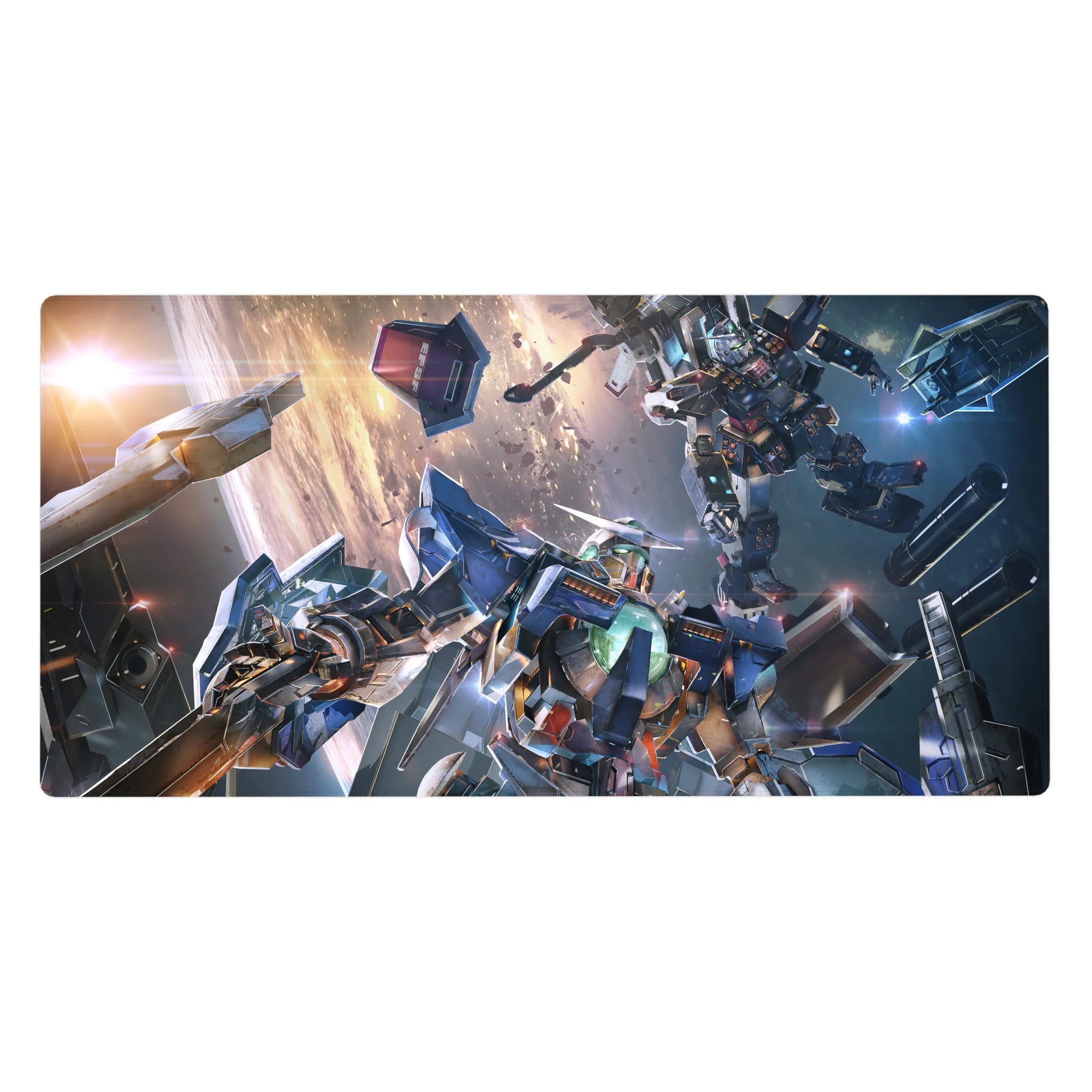 40x20 inches anime desk pad with Gundam-style mobile suit battle, sparks, debris, and laser streaks.