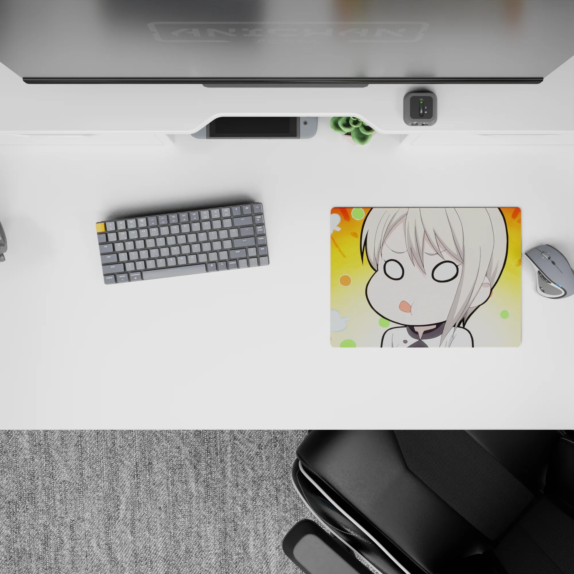 Cozy pastel anime girl mouse pad 14x10 inches in sunny orange, mint, and peach with dreamy spaced-out vibe.