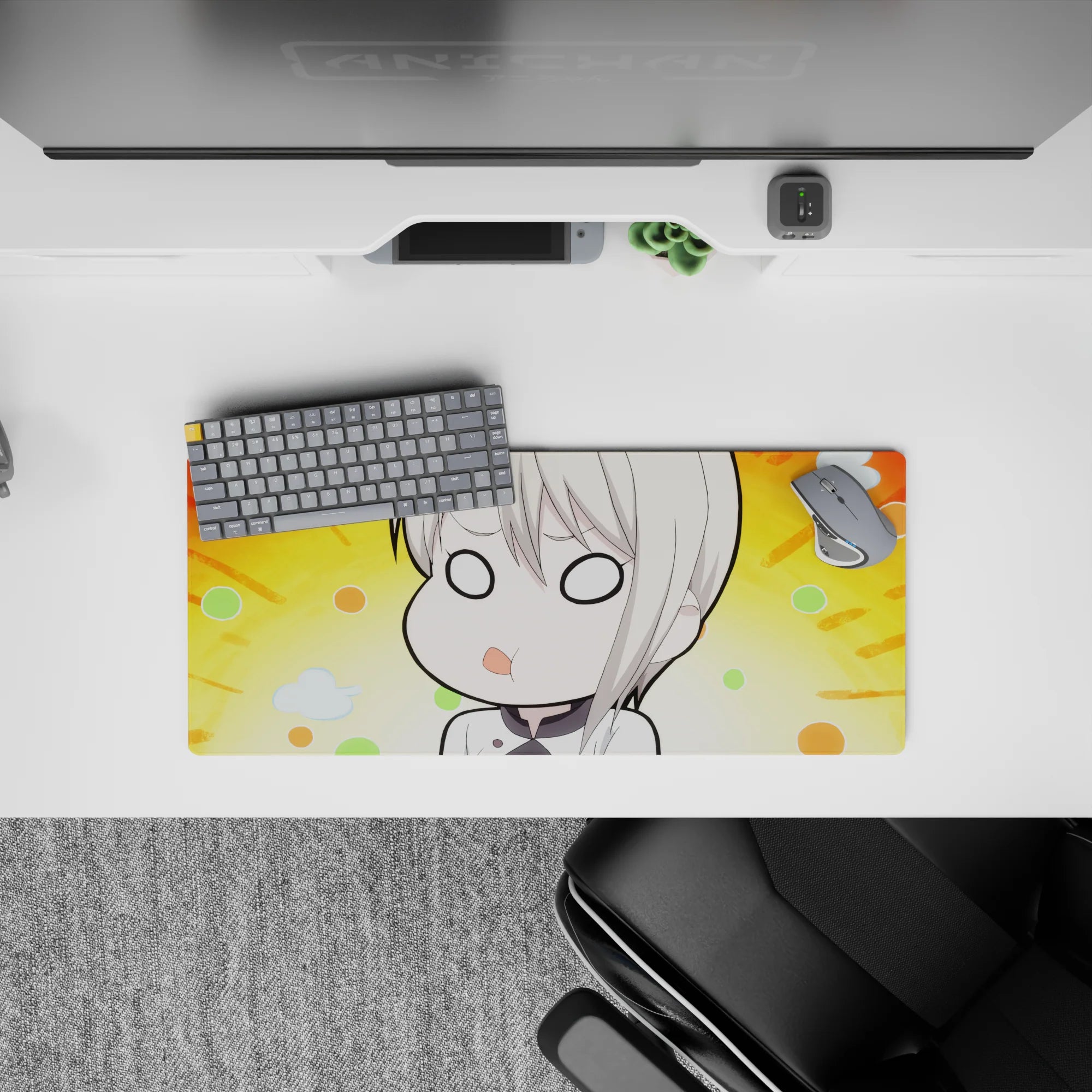 28x12 inches kawaii desk mat in sunny orange with mint and peach accents, cozy spaced-out vibe.