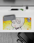 28x12 inches kawaii desk mat in sunny orange with mint and peach accents, cozy spaced-out vibe.