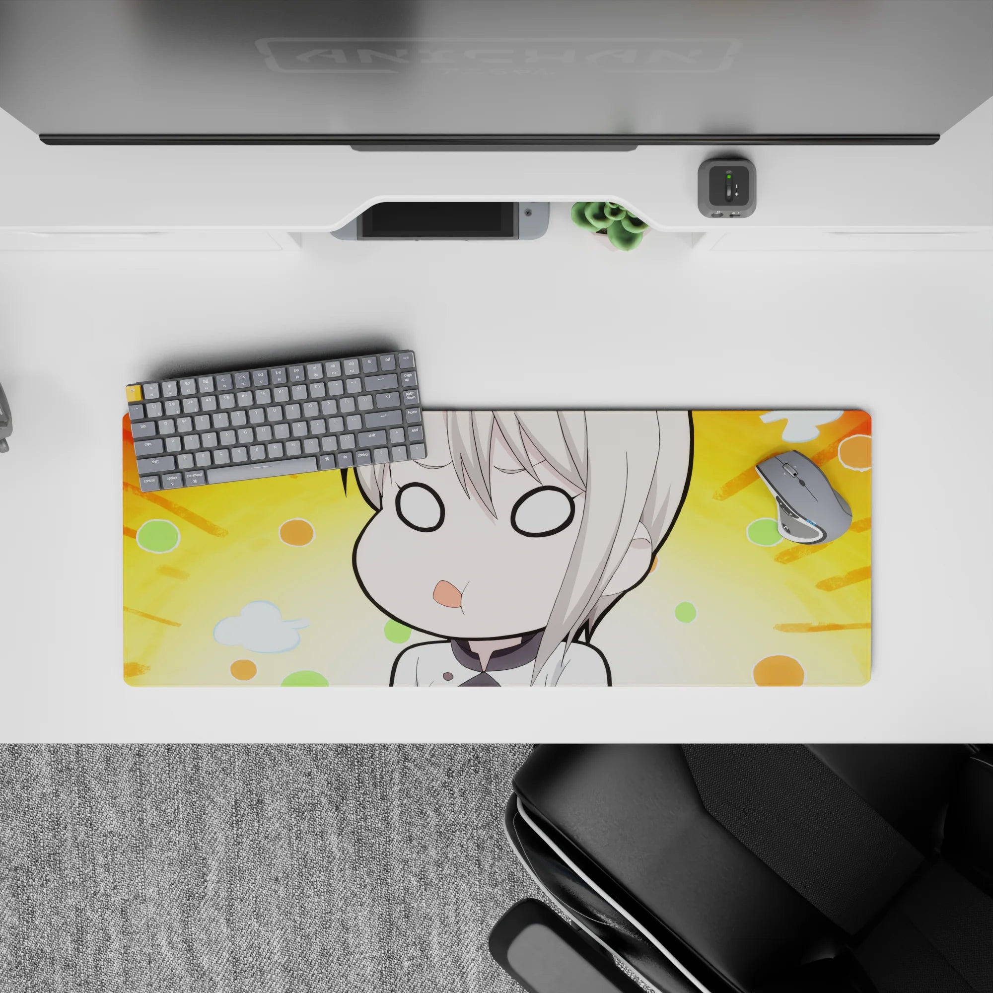 32x12 inches anime mouse pad in sunny orange, mint and peach dots, cozy spaced-out vibe with cloud puffs.