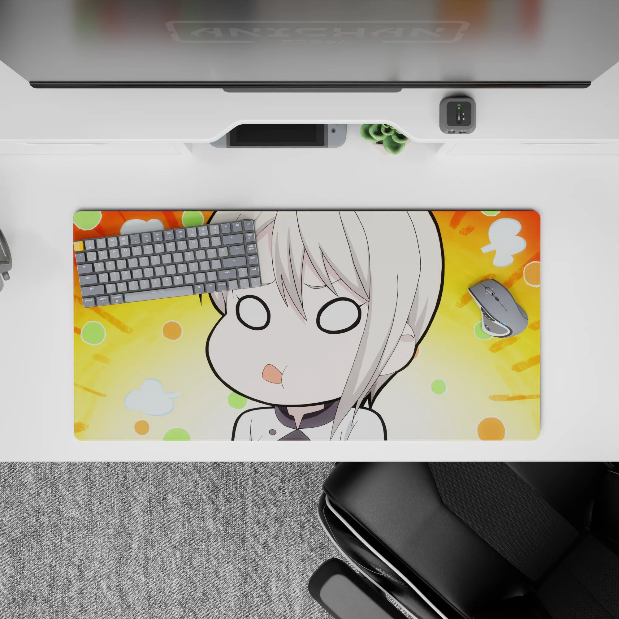 32x16 inches anime girl mouse pad in warm sunny orange with mint and peach accents, cozy spaced-out vibe.