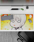 32x16 inches anime girl mouse pad in warm sunny orange with mint and peach accents, cozy spaced-out vibe.