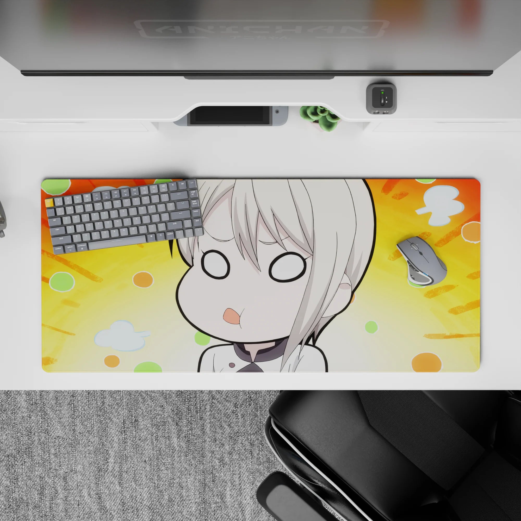 Cozy pastel anime mouse pad 36x16 inches with sunny orange burst, mint and peach dots, spaced-out vibe.