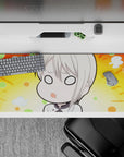 Cozy pastel anime mouse pad 36x16 inches with sunny orange burst, mint and peach dots, spaced-out vibe.