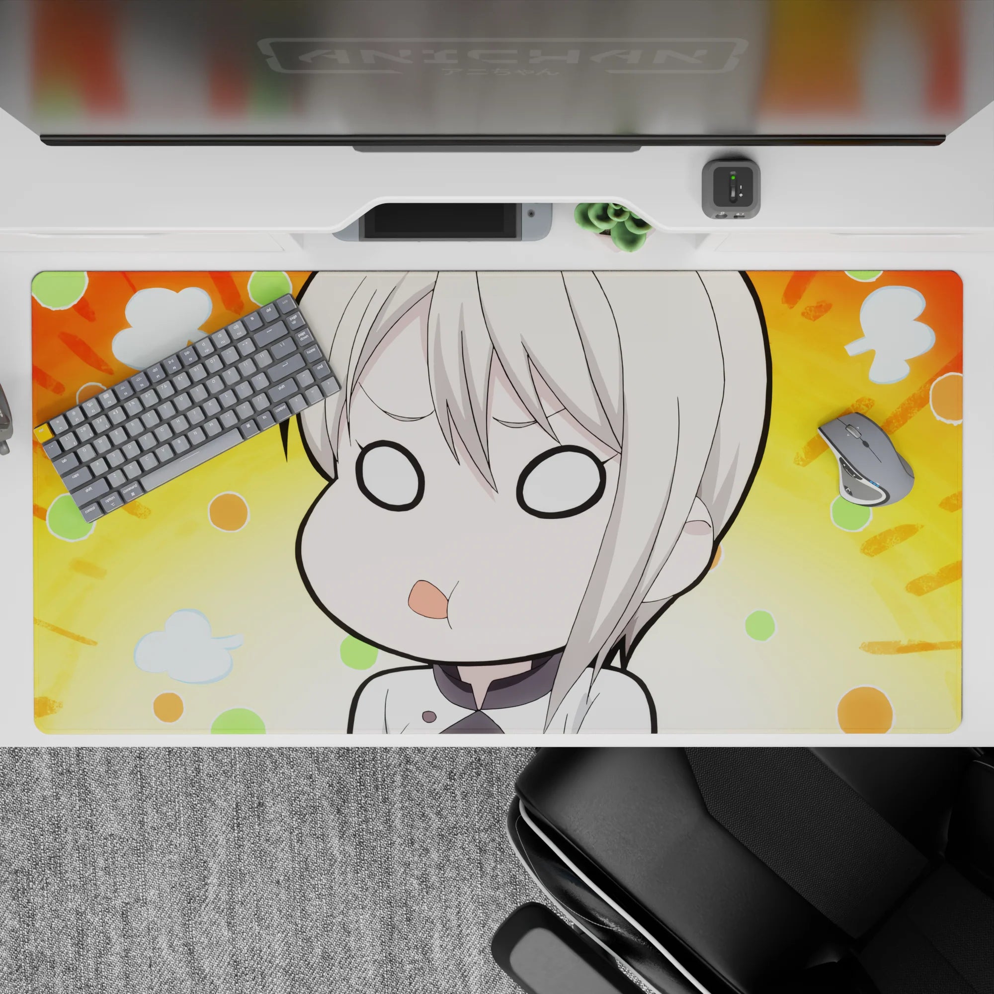 40x20 inches anime desk pad in cozy spaced-out vibe, sunny orange burst with mint, peach accents and soft clouds.