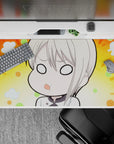 40x20 inches anime desk pad in cozy spaced-out vibe, sunny orange burst with mint, peach accents and soft clouds.