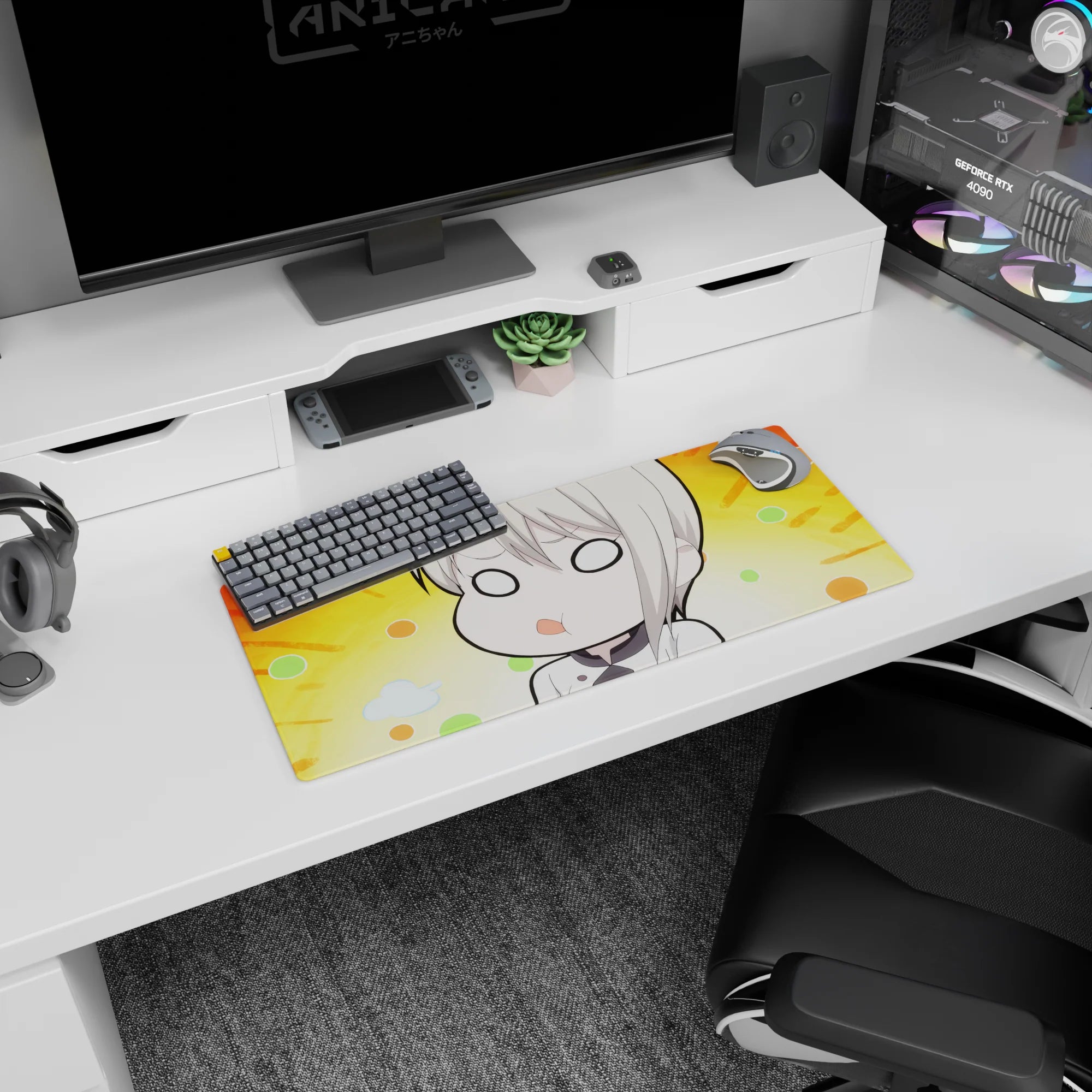 28x12 inches anime mouse pad showing a drowsy chibi blonde with tiny pout and big blank eyes.