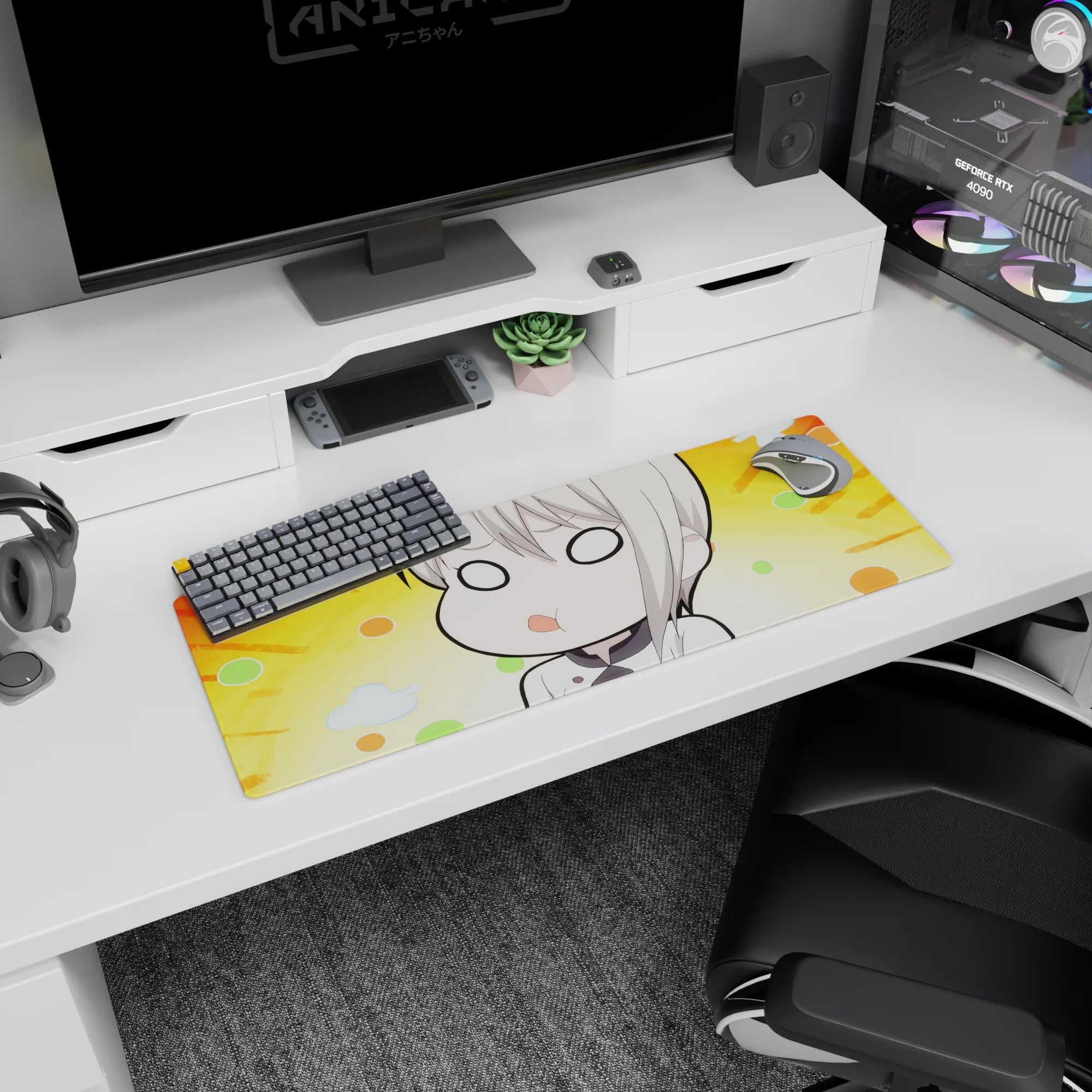 32x12 inches anime girl mouse pad showing a blank-eyed chibi blonde daydreaming with rays and clouds.