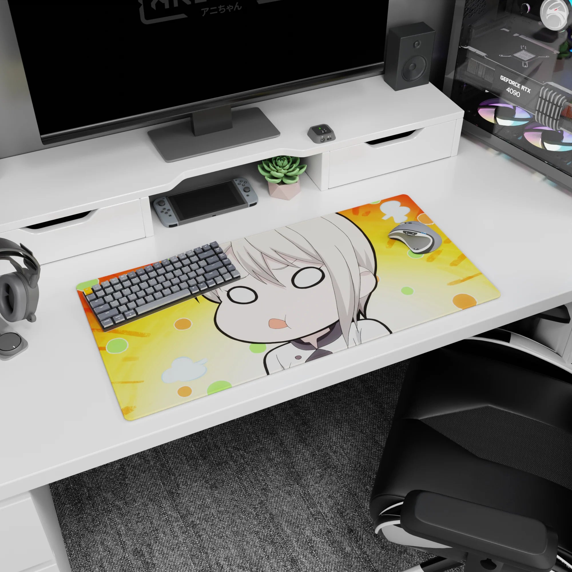 32x16 inches anime girl mouse pad featuring a chibi blonde with big blank eyes and tiny pout, daydream scene.