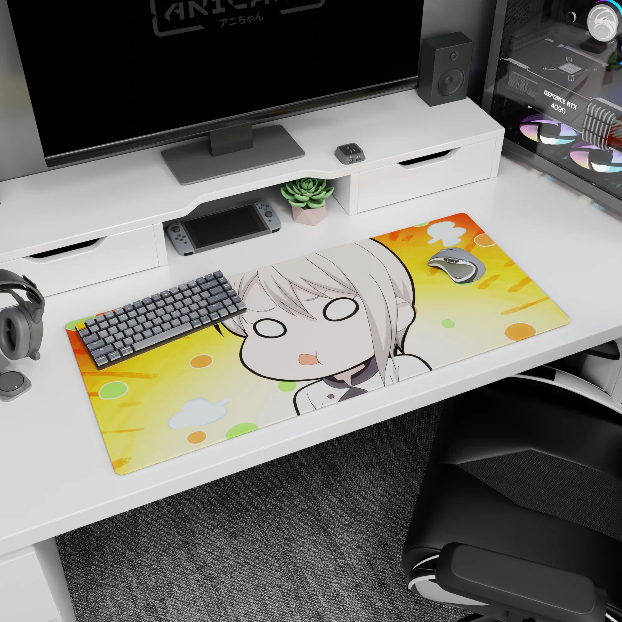 Sleepy chibi anime girl with creamy blonde hair and blank eyes on a desk pad 36x16 inches.