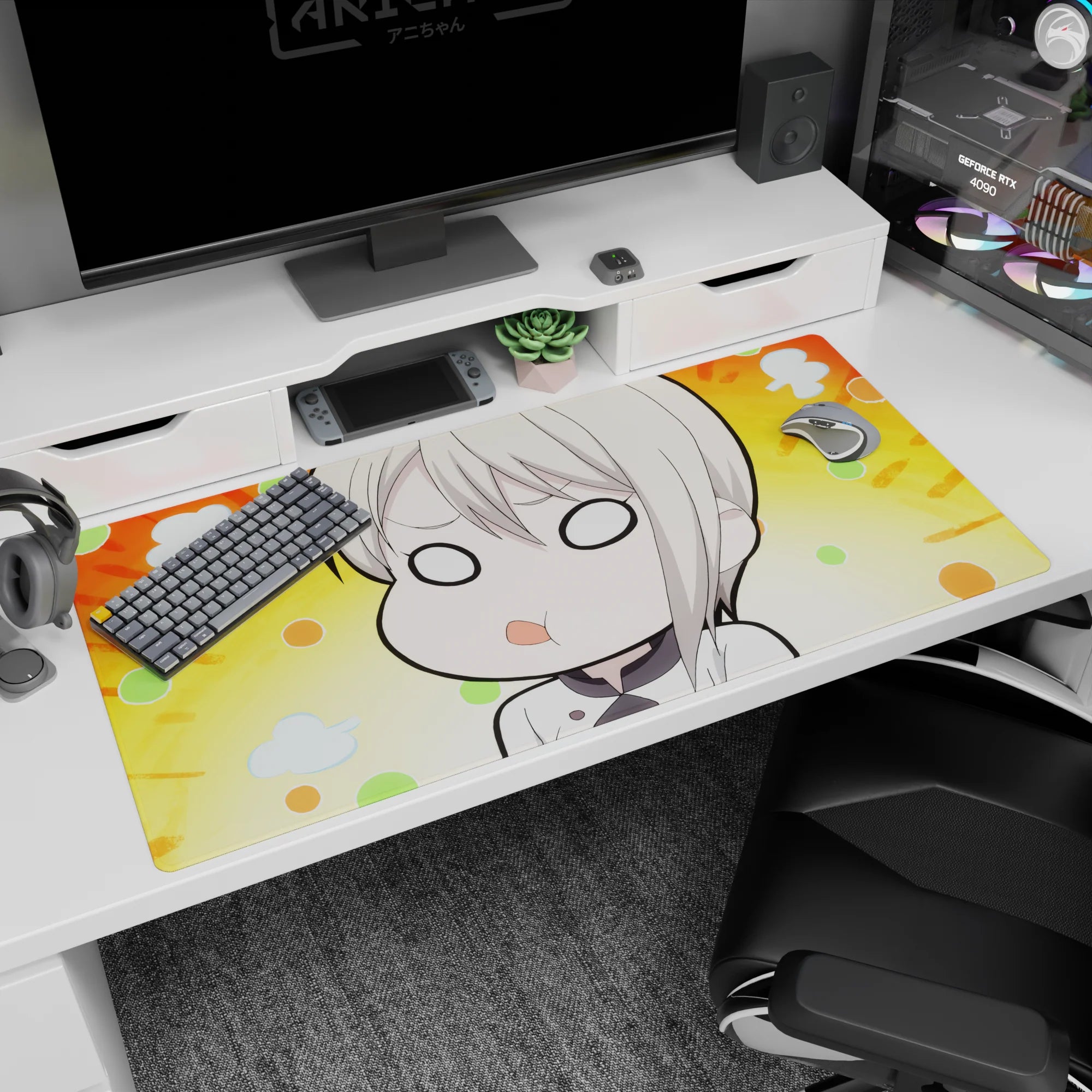 40x20 inches anime girl desk pad featuring a blank-eyed chibi with creamy blond hair and tiny pout on orange rays.
