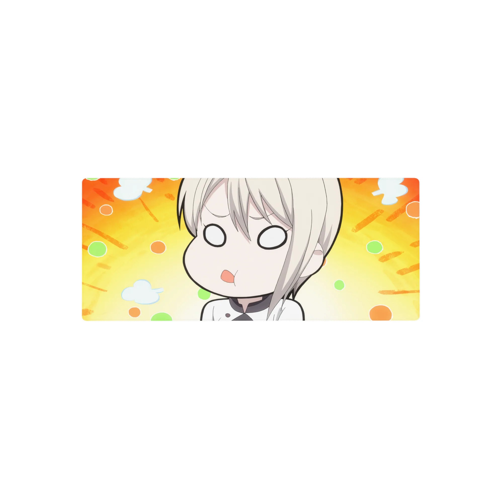 28x12 inches anime girl mouse pad with sleepy chibi girl, blond hair, orange rays, mint-peach dots.