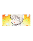 28x12 inches anime girl mouse pad with sleepy chibi girl, blond hair, orange rays, mint-peach dots.