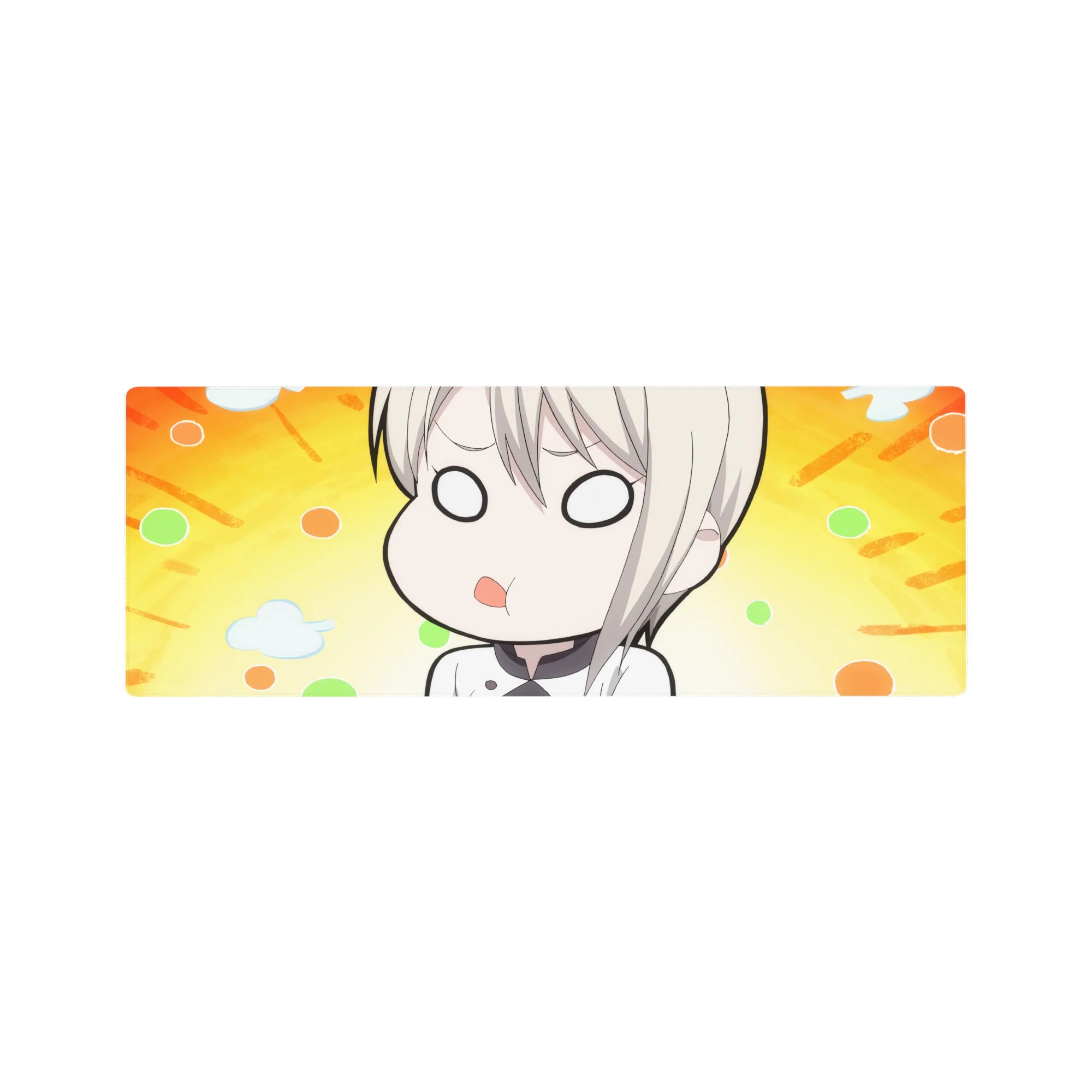 32x12 inches anime girl mouse pad with sleepy chibi girl, blond hair, pout, and orange ray backdrop.