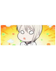 32x12 inches anime girl mouse pad with sleepy chibi girl, blond hair, pout, and orange ray backdrop.