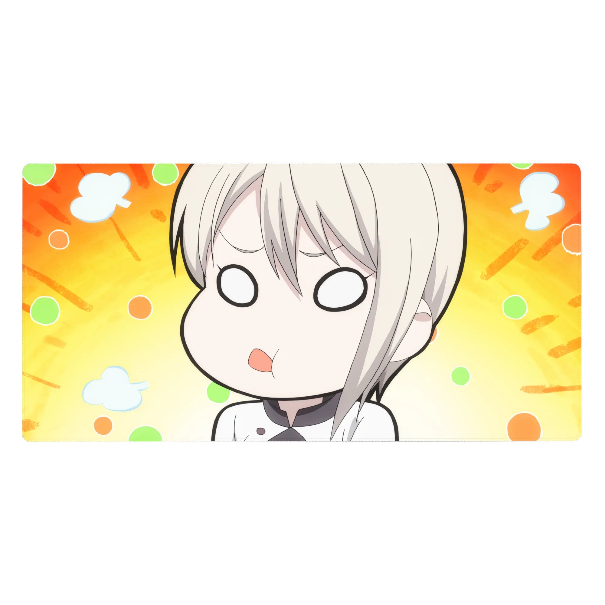 40x20 inches anime girl desk pad with sleepy chibi blonde, orange rays, mint and peach dots, cloud puffs.
