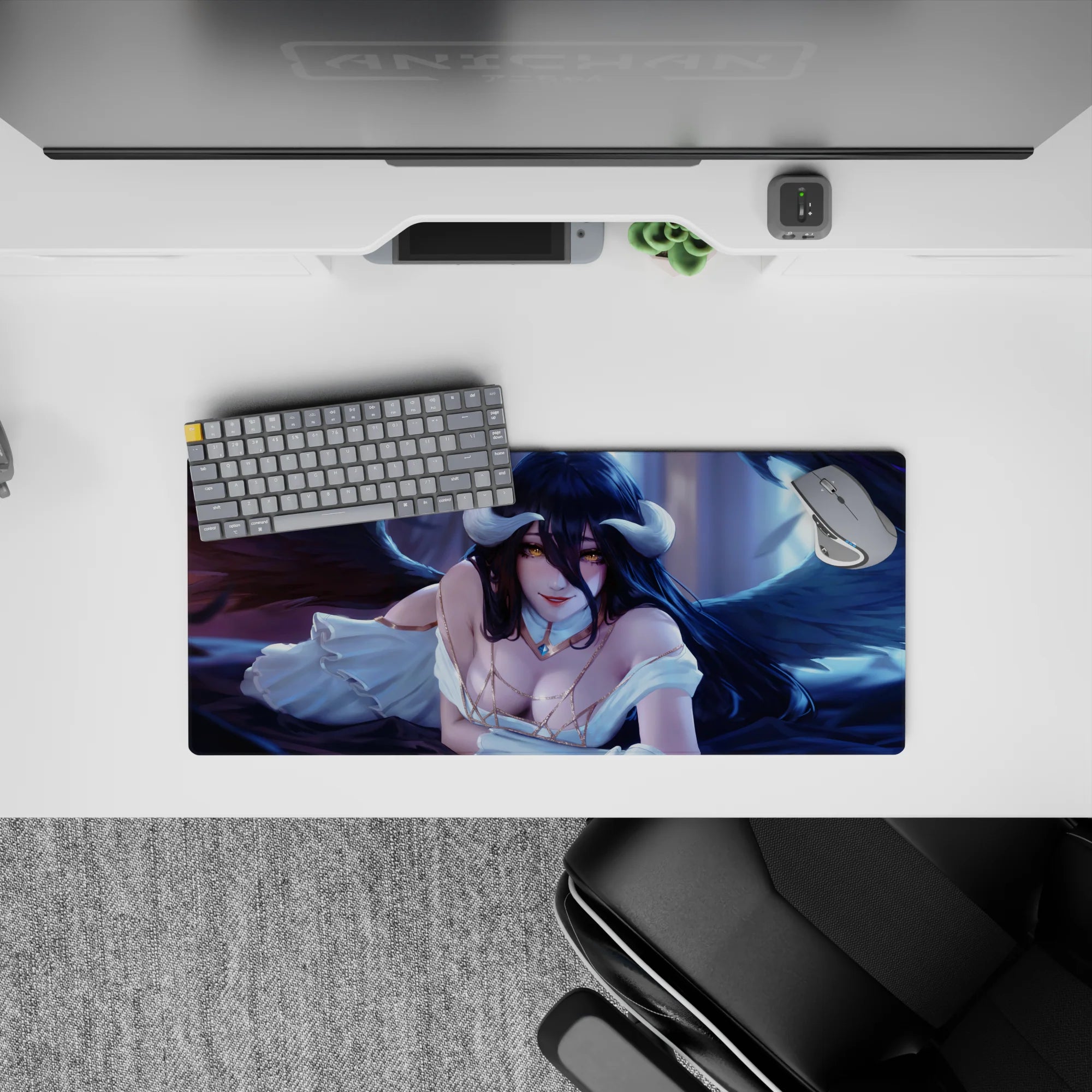 Albedo from Overlord anime mouse pad, 28x12 inches, features her golden eyes and dark wings over a blue-violet background.