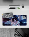 Albedo from Overlord anime mouse pad, 28x12 inches, features her golden eyes and dark wings over a blue-violet background.