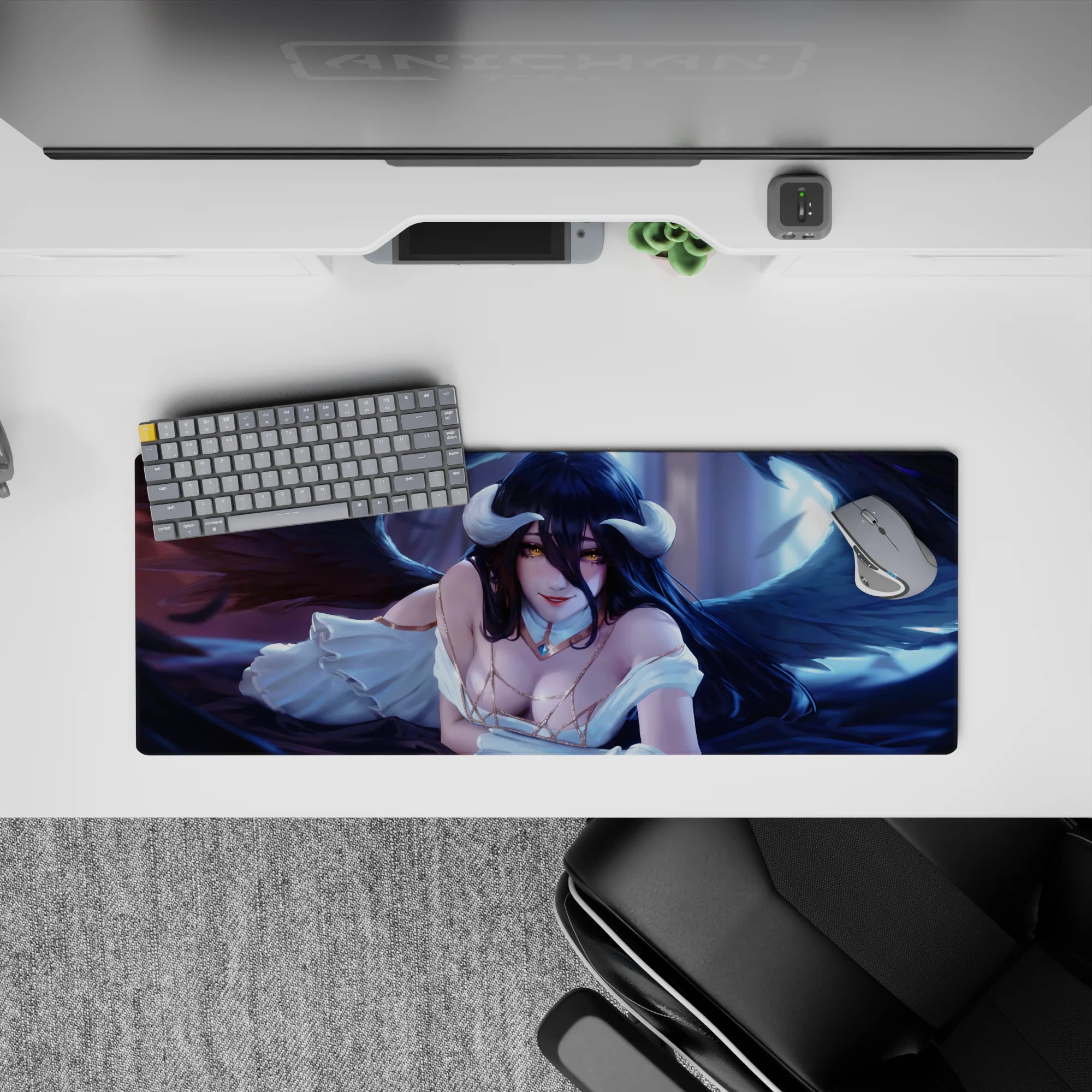 Albedo from Overlord anime mouse pad, 32x12 inches, featuring her enchanting golden gaze and dramatic wings against a blue-violet backdrop.