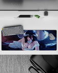 Albedo from Overlord anime mouse pad, 32x12 inches, featuring her enchanting golden gaze and dramatic wings against a blue-violet backdrop.