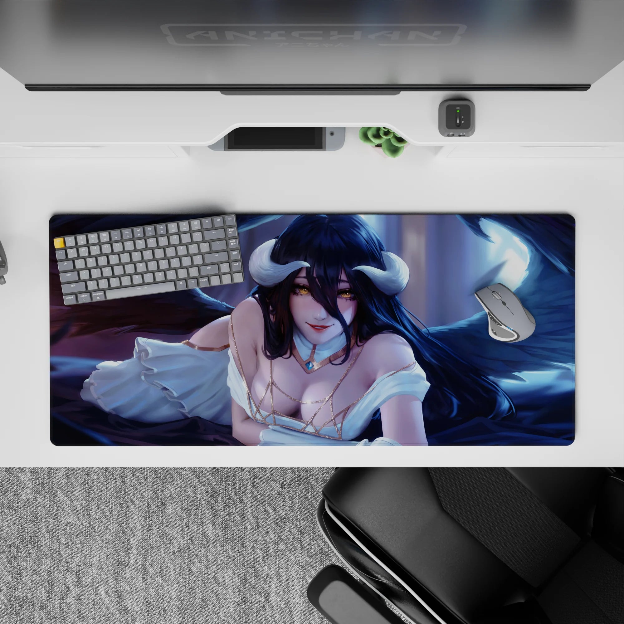 Albedo Overlord desk pad 36x16 inches, anime mouse pad with golden eyes, ivory dress, and obsidian wings against blue-violet.