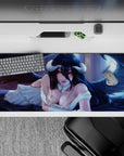 Albedo Overlord desk pad 36x16 inches, anime mouse pad with golden eyes, ivory dress, and obsidian wings against blue-violet.