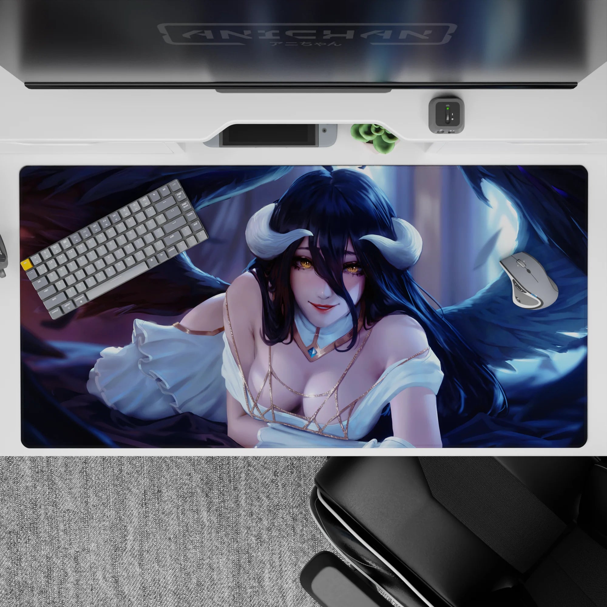 Albedo from Overlord on 40x20 inch anime mouse pad, her golden eyes and dark wings against a blue-violet background.