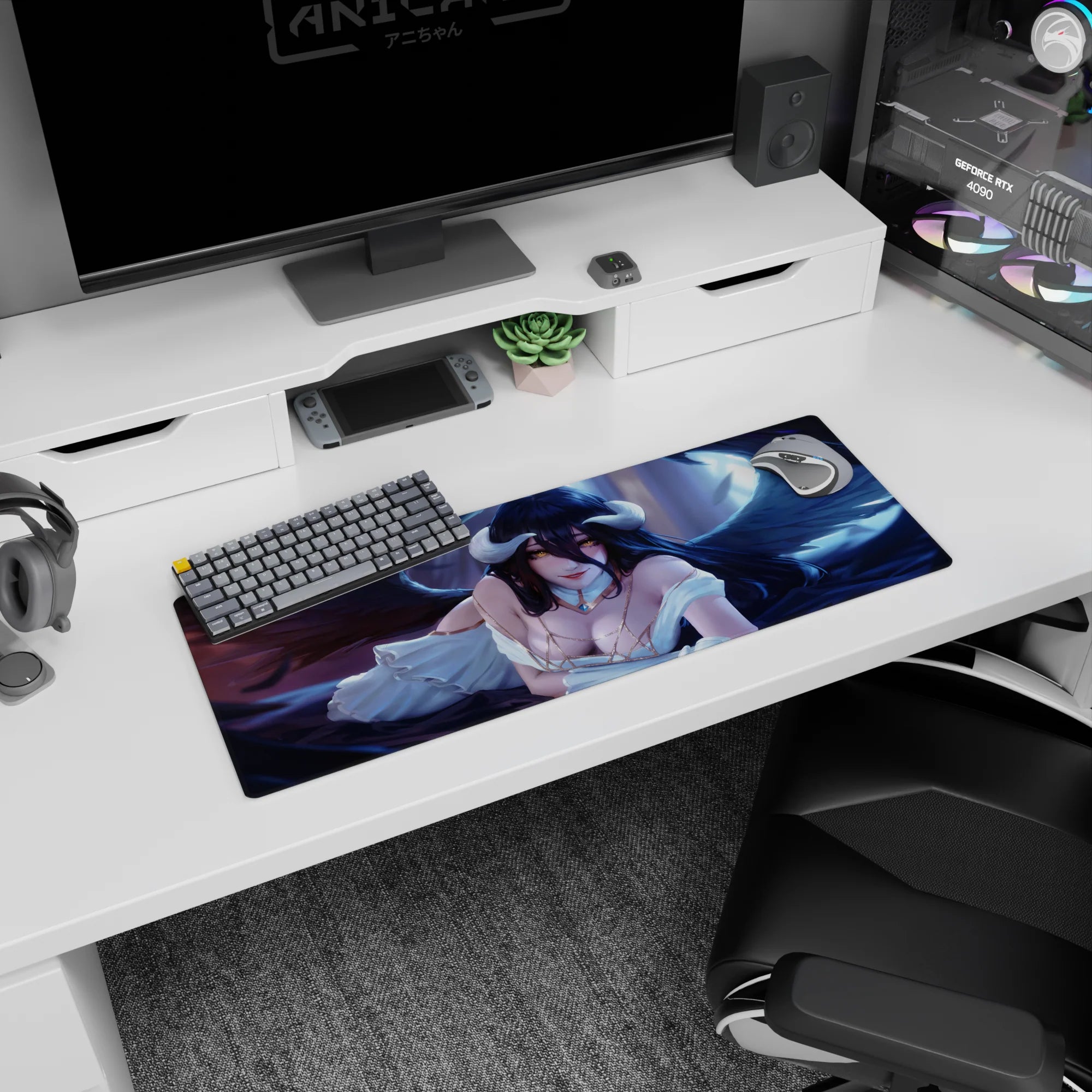 Albedo from Overlord on 32x12 inch anime mouse pad, showcasing her elegance with golden eyes and dark wings against blue-violet.