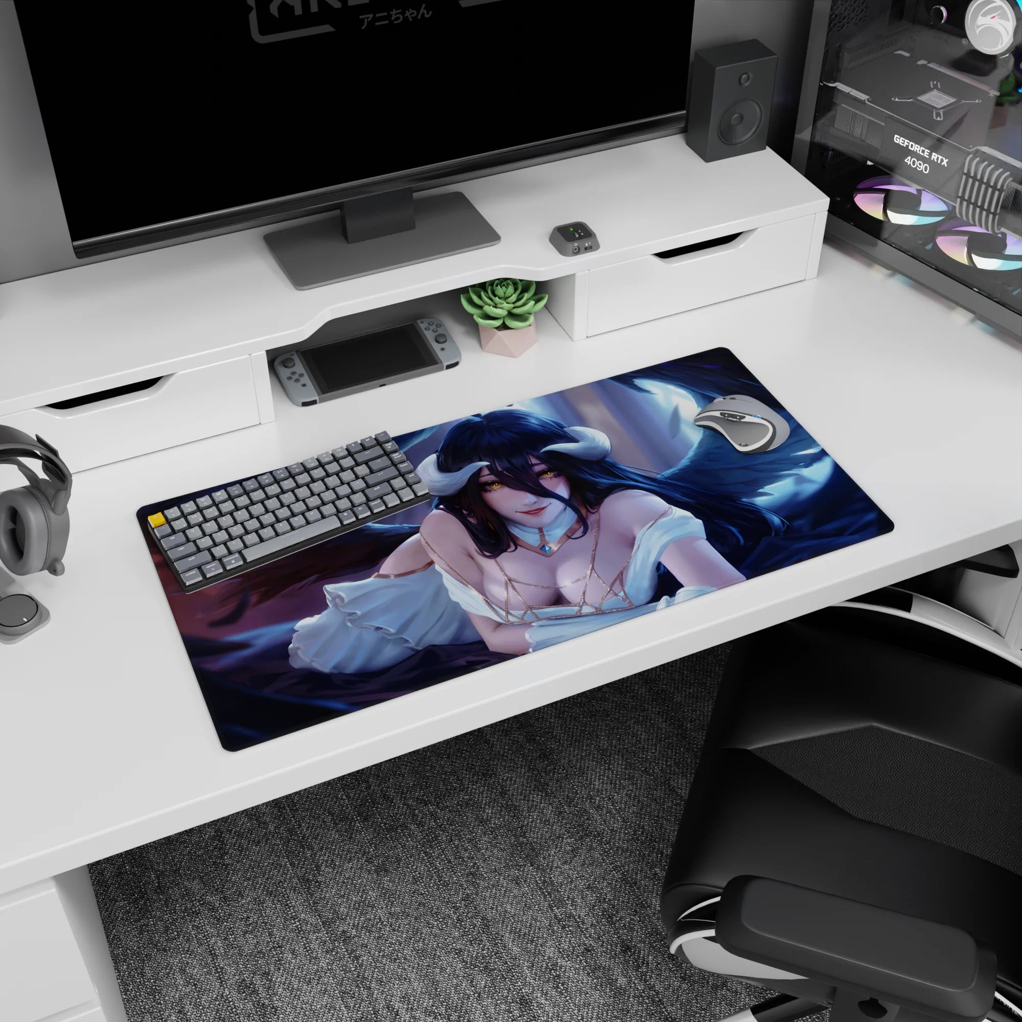 Albedo from Overlord anime on a 32x16 inch mouse pad, showcasing her elegance with golden eyes, wings, and ivory dress.