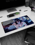 Albedo from Overlord anime on a 32x16 inch mouse pad, showcasing her elegance with golden eyes, wings, and ivory dress.