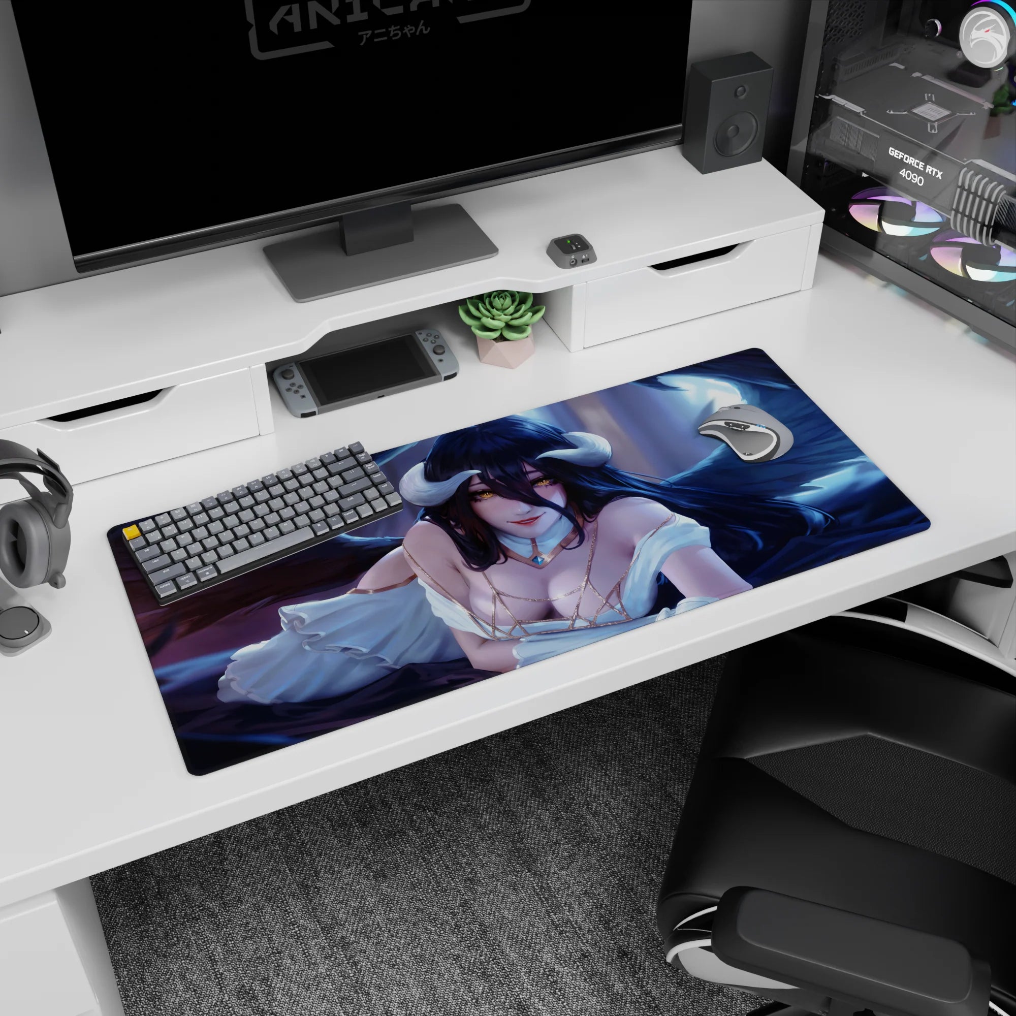 Albedo from Overlord on a 36x16 inch anime mouse pad, showcasing her golden eyes and dark wings against a blue-violet backdrop.