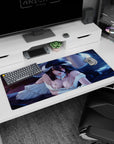 Albedo from Overlord on a 36x16 inch anime mouse pad, showcasing her golden eyes and dark wings against a blue-violet backdrop.