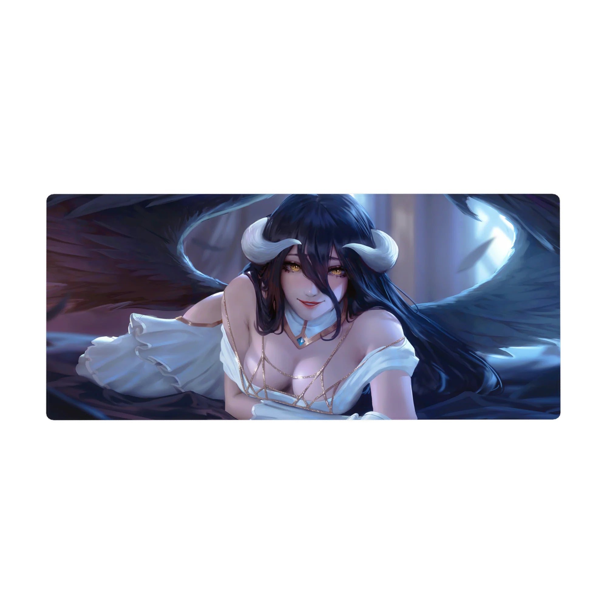 Anime mouse pad 36x16 in featuring Albedo from Overlord with golden eyes, ivory dress, and dark wings against a blue-violet backdrop.