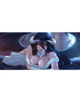Anime mouse pad 36x16 in featuring Albedo from Overlord with golden eyes, ivory dress, and dark wings against a blue-violet backdrop.